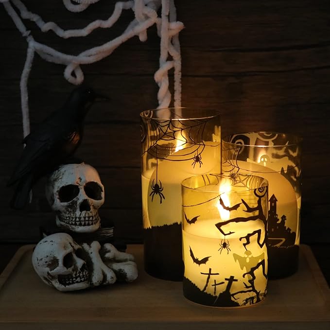 DRomance Spider Glass Flameless Candles with Remote and Timer, Battery Operated Realistic 3D Wick Flickering Real Wax LED Candles Halloween Window Table Holiday Dinner Decor Gifts(3 x 4,5,6 Inches)