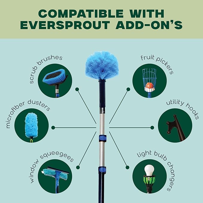 EVERSPROUT 1.5-to-3 Foot Cobweb Duster and Extension-Pole Combo (8-10 Ft Standing Reach, Soft Bristles) | Hand Packaged | Lightweight, 3-Stage Aluminum Pole | Indoor & Outdoor Use Brush Attachment