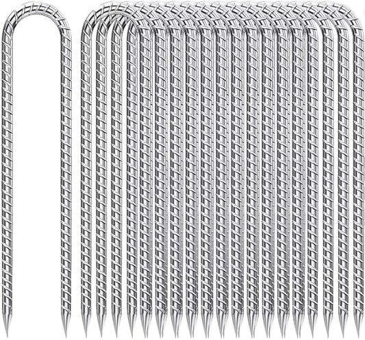 Ground-Stakes-Heavy-Duty-12-Inch, J Hook Rebar Stakes Galvanized Anti-Rust 16pcs Metal Stakes for Ground Heavy Duty Ground Anchors for Garden Dog Fence Chicken Coop Deer Fence