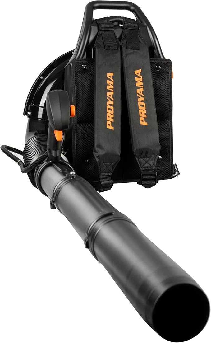 PROYAMA 72CC Gas Backpack Leaf Blower, 2-Cycle 880CFM 275MPH Gas Powered Engine, 2 in 1 Nozzle Low Vibration and Ergonomic Design with Cruise Control for Outdoor GardenYard Cleaning and Snow Removal