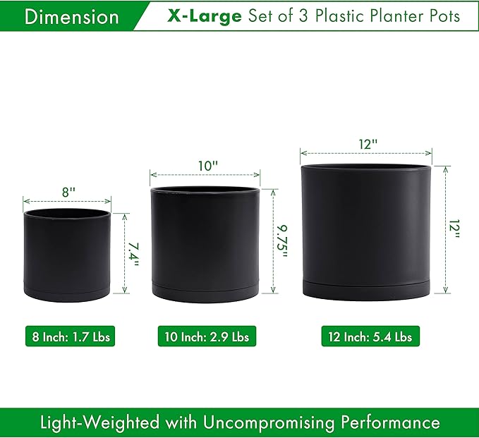 D'vine Dev 8 Inch 10 Inch 12 Inch, Set of 3 Plastic Planter Pots for Plants with Drainage Hole and Seamless Saucers, Black Color, X-Large, 74-V-B-5