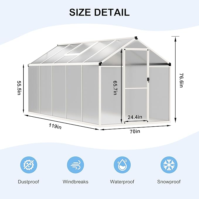 6' x10' Double-Wall Polycarbonate Aluminum Greenhouse Kit for Outdoor, Walk-in Greenhouse with Lockable Door and Adjustable Roof Vent, Backyard Garden in Winter, White