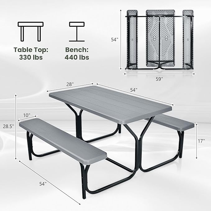 Moccha Picnic Table Bench Set - Portable Plastic Picnic Table w/Steel Frame & Wood-Like Texture, All Weather Heavy Duty Picnic Table Kit, Picnic Tables for Outdoors Garden Patio Party Dining (Grey)