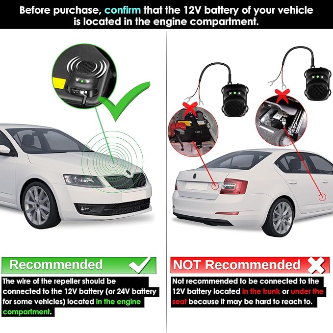 Car Rodent Repellent Ultrasonic Under Hood Animal Repeller Mouse and Rat Deterrent with LED Strobe – Engine Bay Pest Control Device for 12V 24V Vehicle, Automobile, Truck, RV