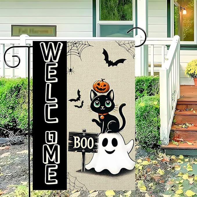 Halloween Black Cat Garden Flag 12x18 Inch Double Sided Polyester Outdoor Flag