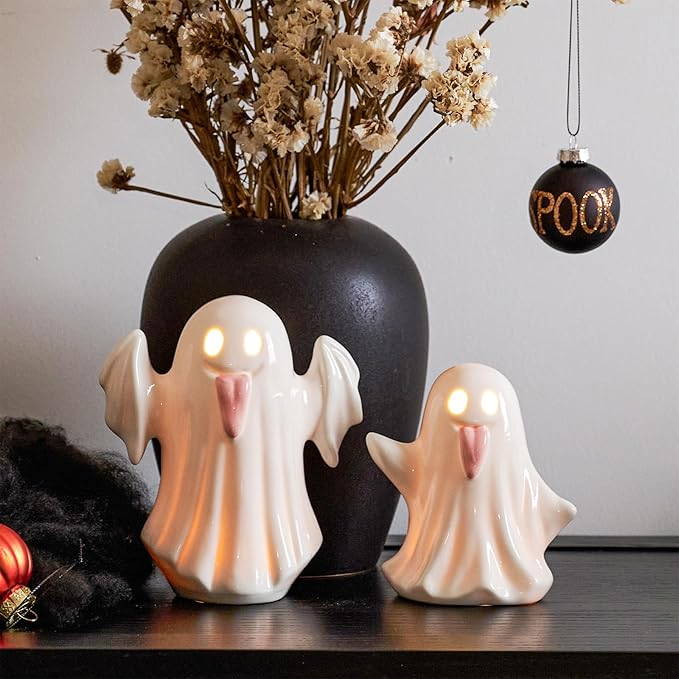 WDS WONDROUS Halloween Decor Ghost Figurines Light Up – White Set of 2 Ghost Figurines with Pink Tongue –Cute Halloween Ceramic Ghost Statues Decorations for Table Indoor(5.51x6.29”and 4.72x5.11”)