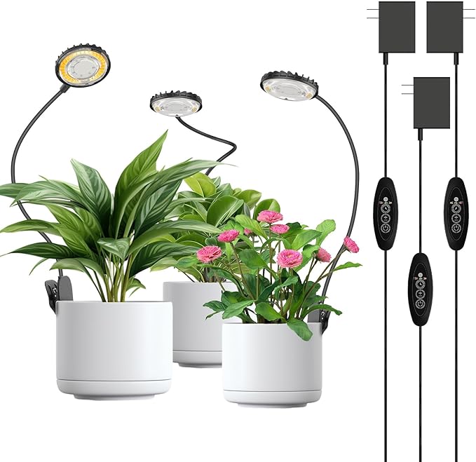 Plant Grow Lights Indoor, Pot Clip On Grow Light for Indoor Growing, Full Spectrum LED Plant Growing Lamp with Auto Timer, 12W 4000K Plant Light for Growth with 4 Levels Dimmable Black, 3 Pack