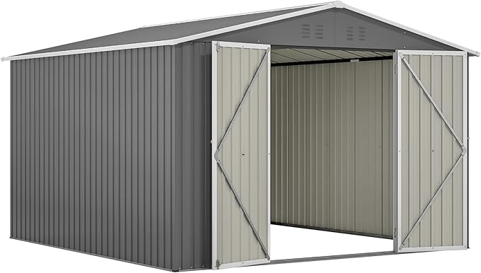 10×10 FT Outdoor Storage Shed,Metal Aluminum Waterproof Tool Sheds with Doors and Vents,Heavy-Duty Sheds Unit W/Lock and Key,for Storing Bicycles,Lawnmowers,Barbeques,Gray