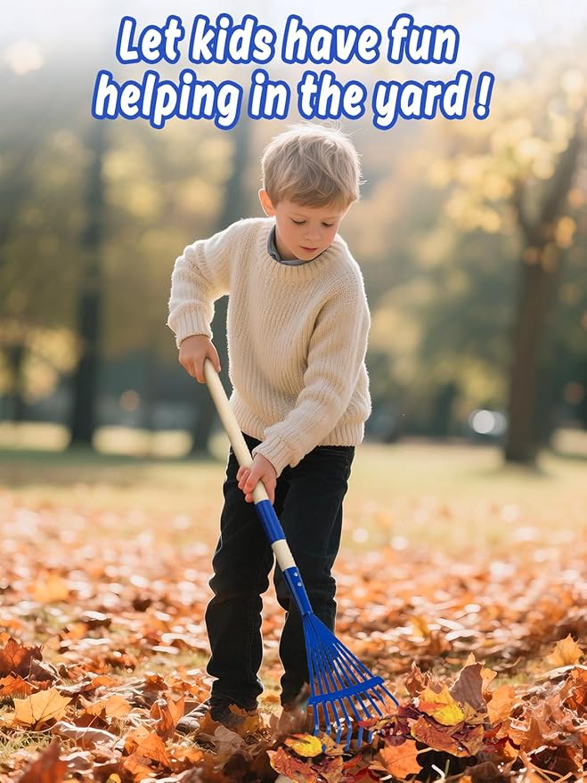 Kids Friendly Rakes for Leaves - 28" Child Size Small Rake with Durable Metal Head & Hardwood Handle, Real Lawn Garden Yard Tools for 3+ Years Kids Enjoy Helping Work Gifts (Blue)