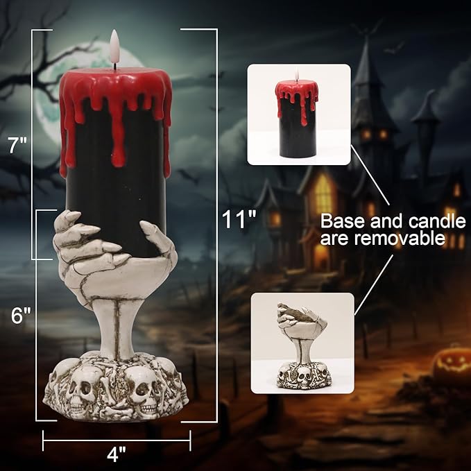 Eldnacele Halloween Flickering Flameless Candles Ghost Hand Candlesticks with Timer,Battery Operated with Red Blood Dripping 3D Wick Black Wax LED Pillar Candles Table Centerpiece Decor(4×11 Inches)