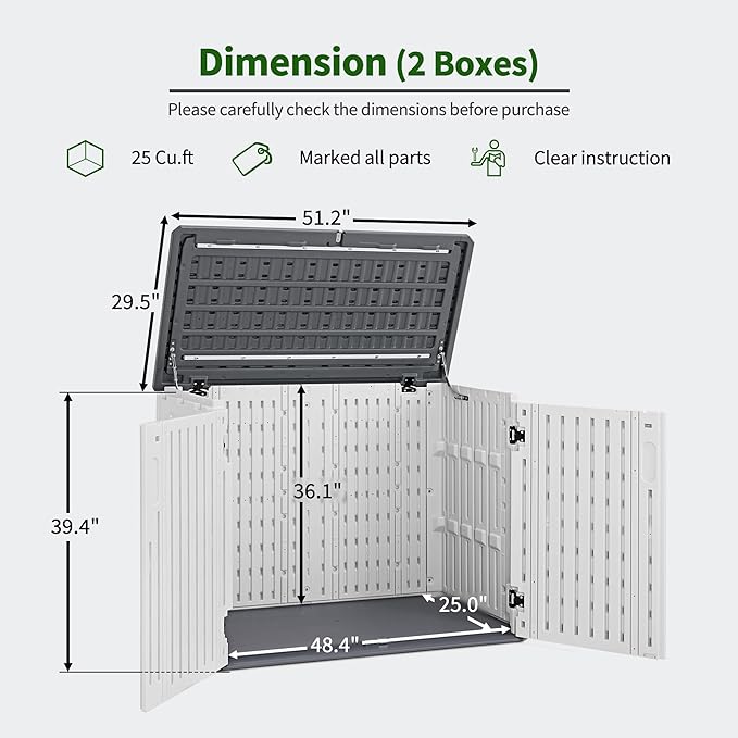Macrout 25 Cu.Ft Small Plastic Outdoor Storage Cabinet with Floor, 4.3 x 2.5 ft Waterproof Resin Outdoor Storage Shed, Lockable Horizontal Shed for Garden and Patio