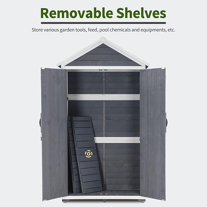 MCombo Outdoor Storage Cabinet with 2 Shelves, Outside Storage Shed with Floor, Wooden Garden Tool Shed with Latch for Yard Deck Lawn, 1000