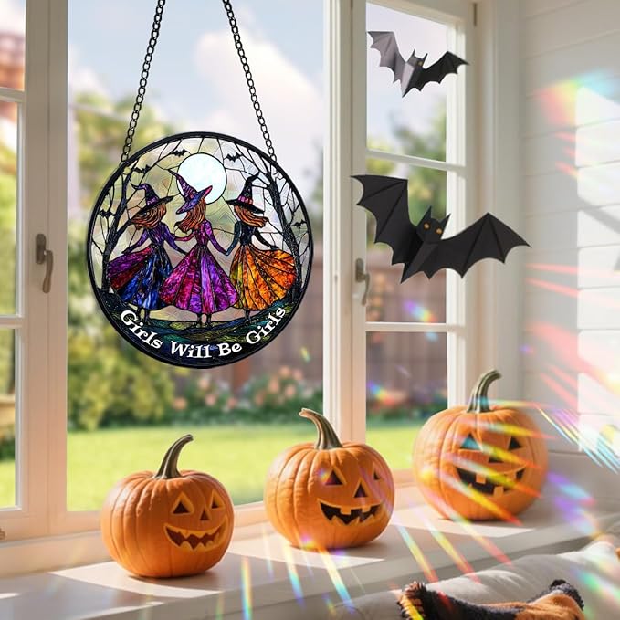 Halloween Sun Catcher - 8 Inch Round Suncatcher for Window Hanging Decoration - Creates Indoor Rainbows Light Refraction - Spooky Ghost, Witch, Pumpkin Design - Suction Cup Hook & Chain