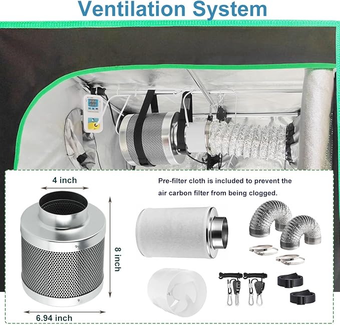 Grow Tent Kit Complete System High Reflective Mylar Indoor Grow Tent Hydroponics Growing Tent with Full Spectrum LED Grow Light Observation Window, Ventilation Fan,Carbon Filter (48" x 48" x 80")