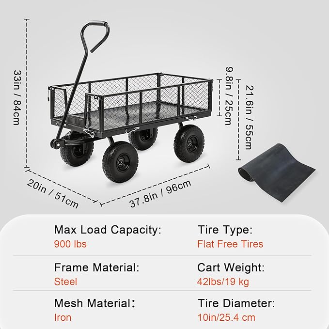 Garden Wagon Cart Heavy Duty 880 LBS Steel Utility Cart with All-Terrains 3.50-4" Solid Wheels 10" Tires, 180° Rotating Handle, Removable Sides, Laser-Welded Frame & Multi-Surface