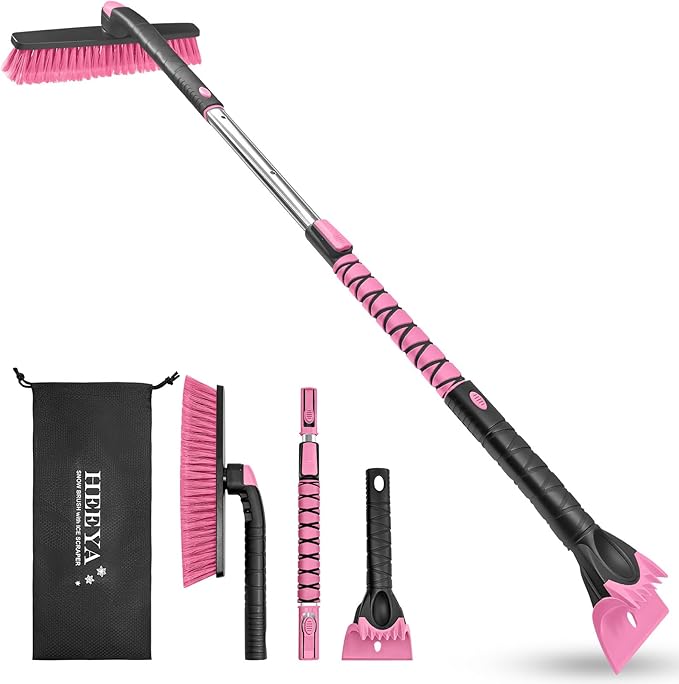 HEEYA 48 Inch Long Snow Brush for SUV, Extendable Ice Scraper and Brush with Foam Grip, 360° Pivoting Snow Car Brush for Truck Auto Jeep RV Vehicle Windshield Window - Pink