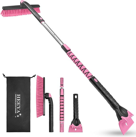 HEEYA 48 Inch Long Snow Brush for SUV, Extendable Ice Scraper and Brush with Foam Grip, 360° Pivoting Snow Car Brush for Truck Auto Jeep RV Vehicle Windshield Window - Pink