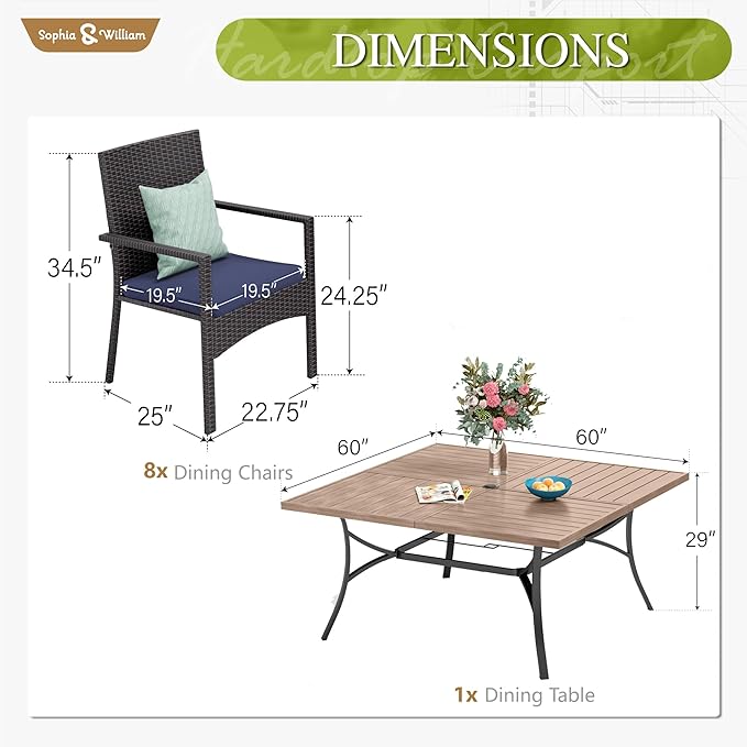 Sophia & William 9 Pieces Patio Dining Set for 8, 60" Large Square Patio Table and Rattan Chairs Set, All Weather Outdoor Dining Set, 8 People Metal Patio Table Set for Outside, Teak Color Tabletop