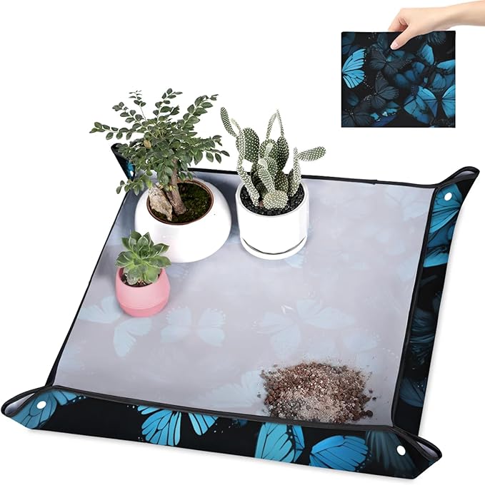 Butterfly Blue Foldable Garden Hand Transplanting Succulent Tools,Waterproof Thickened Repotting Mat Plant Tag, Miniature Planting Indoor Fairy Care,Potting,Cactus,Houseplant Bonsai Tool Kit Gift