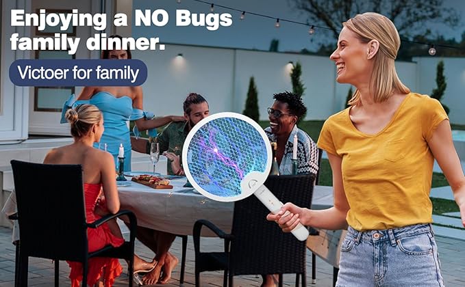Bug Zapper, 4000V Electric Mosquito Swatter with 180-Degree Rotatable Head, VLISBO Rechargeable 1200mAh Battery, Portable Insect Killer for Home, Camping & Outdoor, Safe & Eco-Friendly, White