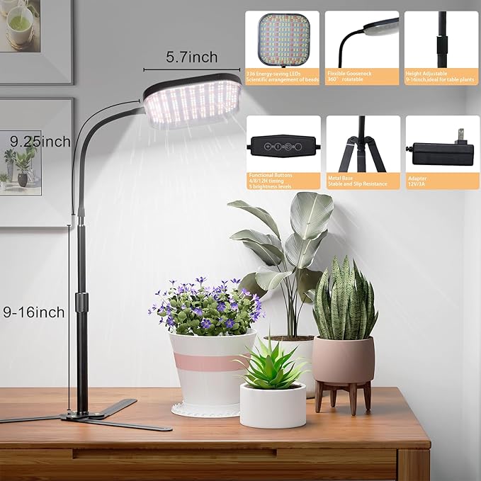 Super-Bright Grow Light 100W 336LEDs, 6000K White Full Spectrum Plant Growing Lamp for Home Office Indoor Plants,Adjustable Height & Auto Timer 4 8 12Hrs, 12V 3A High Power Output for Faster Growth