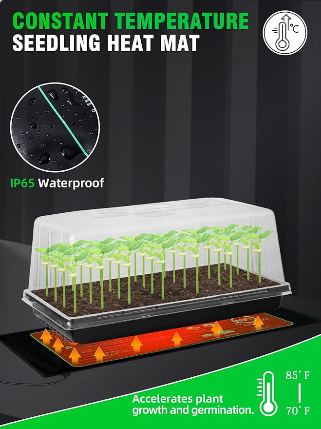 Seed Starter Tray with Grow Light and Heat Mat, 8'' Humidity Dome, 1020 Plant Starter Trays Seed Starter Kit, Grow Light Stand for Seed Starting & Seedling Growing, Height Adjustable