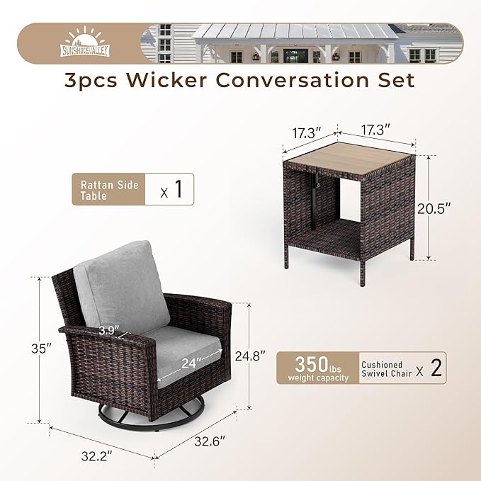 3 Piece Patio Furniture Set, Rattan Wicker Swivel Chairs Set of 2 with Side Table, 35" High Back Outdoor Conversation Set with Thick Cushions for Bistro Porch Poolside, Grey