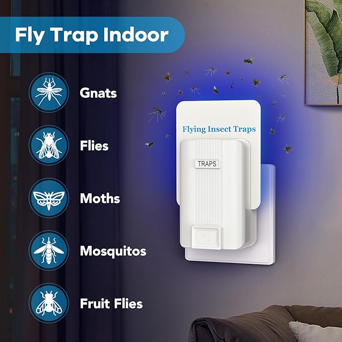 Fly Trap Indoor, 2 Devices with 6 Refills, Fruit Fly Traps for Indoors, Gnat Killer Indoor, Plug-in Insect Trap for Gnats, Flies, Moths, and Other Flying Bugs (2 Device+6 Refill)