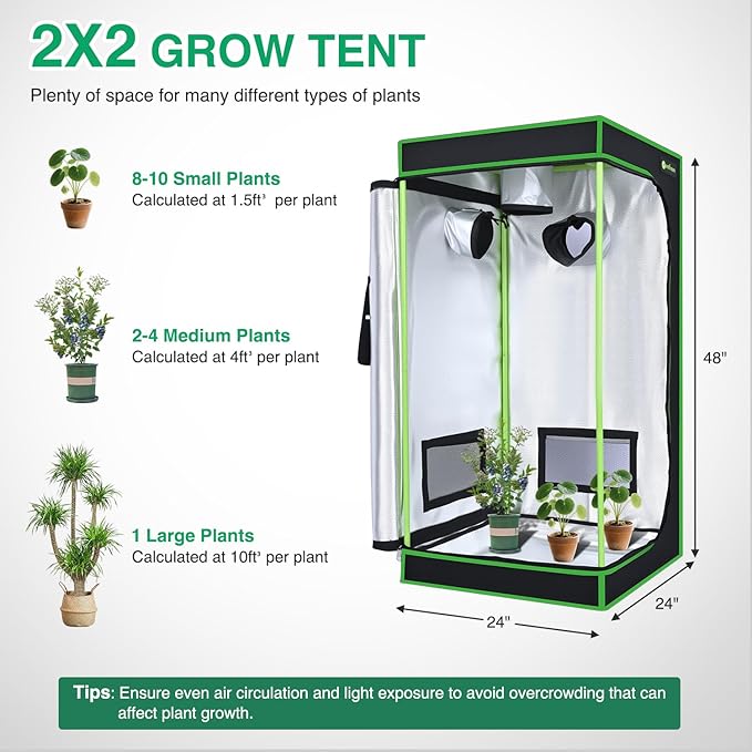 Yesker 2x2 Grow Tent 24"x24"x48" High Reflective Mylar Small Indoor Growing Tents 600D Oxford Cloth with Observation Window and Removable Floor Tray for Hydroponics Indoor Plants Fruit Flower Growing