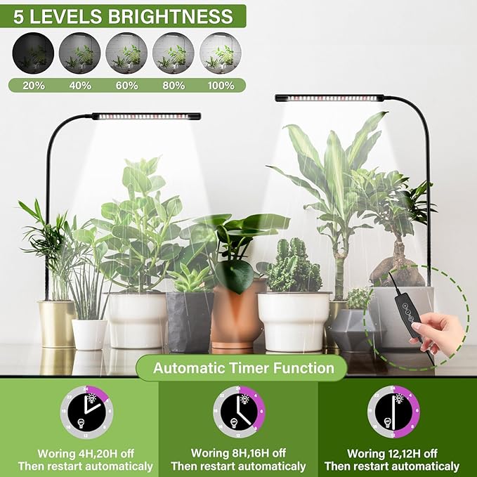 Grow Lights for Indoor Plants, 6000K Full Spectrum Plant Growth Light, Plant Lights for Indoor Growing 5 Level Dimmable & Auto Timer, Adjustable Gooseneck Grow Lamp 2 Pack