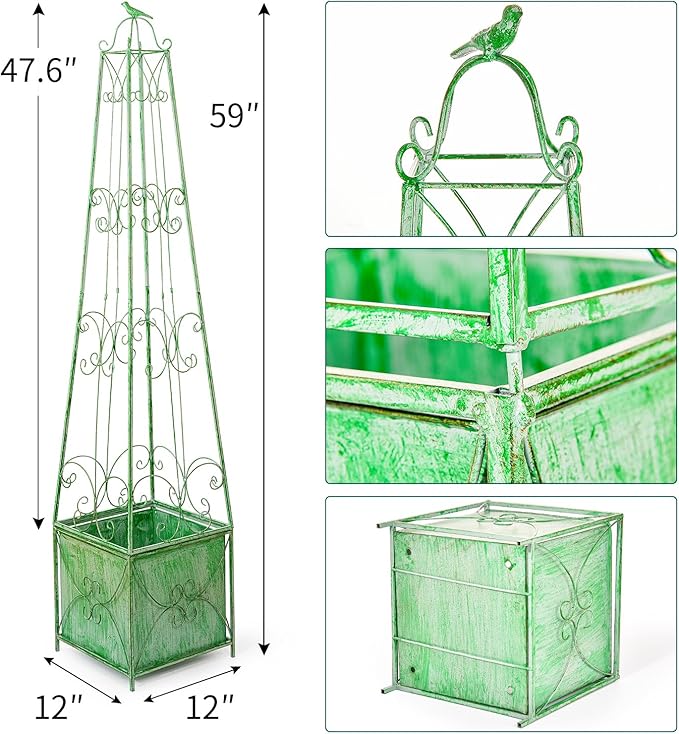Sungmor Garden Obelisk Trellis with Planter Box - 5ft Metal Climbing Plant Support Tower with Bird Finial - Decorative Outdoor Wrought Iron Trellis for Roses, Clematis, Vines, Ivy - Distressed Green