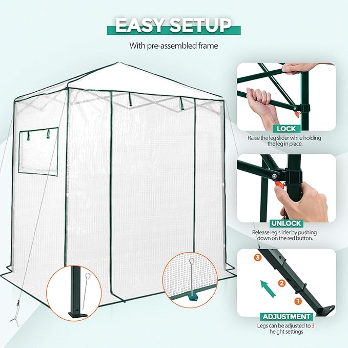 EAGLE PEAK Instant Pop-up Greenhouse, Indoor Outdoor Plant Gardening Green House, Roll-Up Zipper Doors and Side Windows, Walk in 6x4 ft, PE Cover, White/Clear