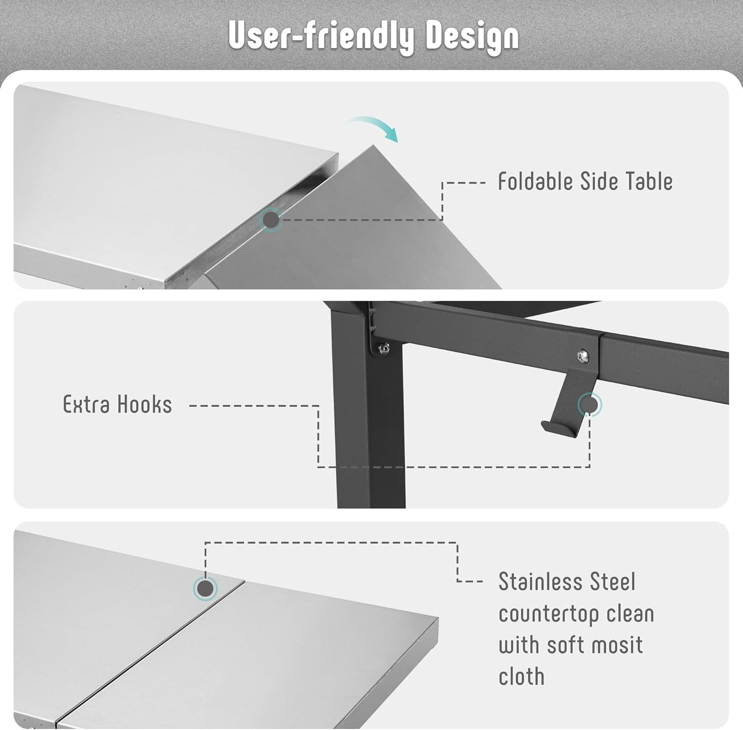 Outdoor Grill Table, 40’’x20’’ Movable Pizza Oven Table with Wheels, Stainless Steel Countertop Grill Cart with Storage Shelf & Foldable Extension, 6 Extra Hooks,for BBQ Food Prep