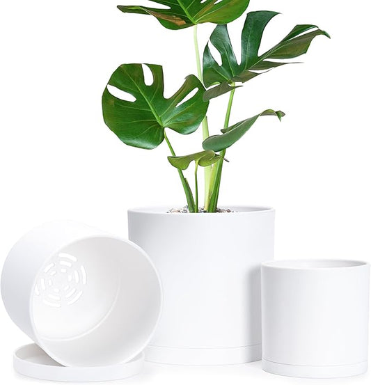 D'vine Dev 4.5 Inch 5.5 Inch 6.5 Inch, Set of 3 Plastic Planter Pots for Plants with Drainage Hole and Seamless Saucers, White Color, Small Plus, 74-V-A-2