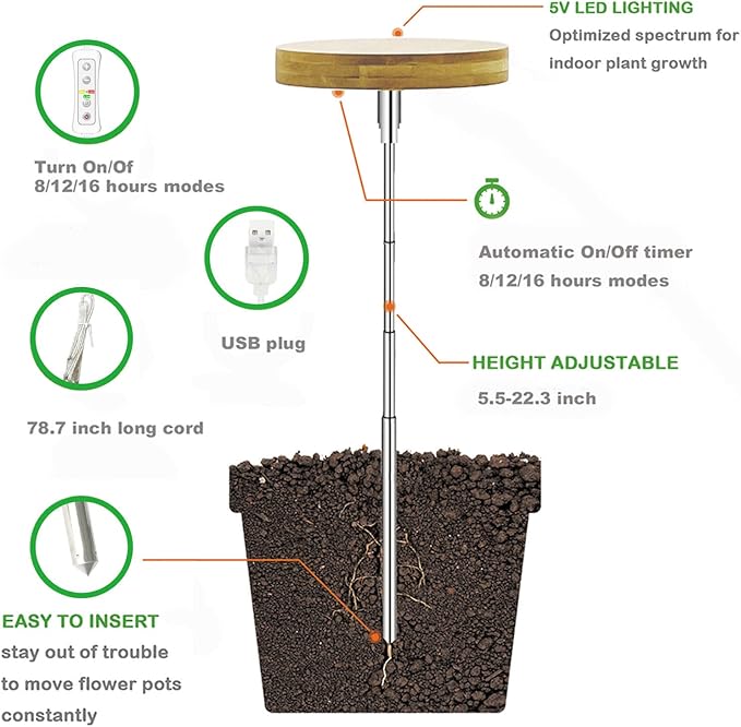 yadoker Plant Grow Light for Indoor Plant,Bamboo Mini LED Grow Light Garden,Height Adjustable,Automatic Timer with 8/12/16 Hours