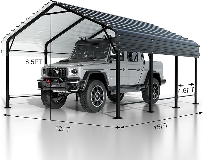 JY QAQA 12 x 15 FT Metal Carport Kits with Galvanized Steel Roof, Heavy Duty Metal Carport Canopy, Outdoor Car Tent Garage Shelter for Car, SUV, Truck and Boats