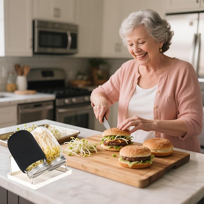 Lulonpon Sprouting Kit, 4 Sprouting Jar Kits, Wide Mouth Quart Mason Jars with Stainless Steel Screen Sprout Lids,1000ml Sprouts Growing Kit, Seed Sprouter Set for Growing Broccoli, Bean, Alfalfa ﻿