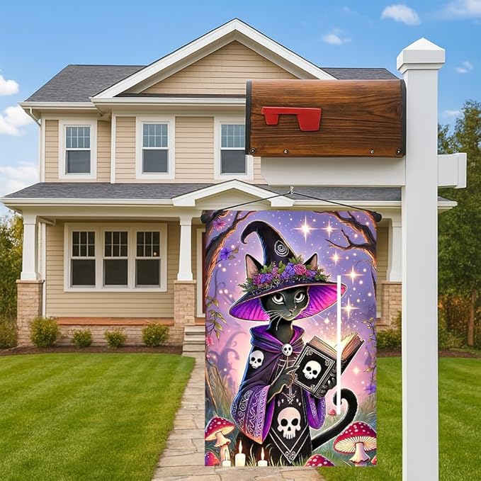 Halloween Garden Flag 11.81 x 17.72 Inch Black Cat in Witch Hat with Magic Book Candles Mushrooms and Starry Night Outdoor Yard Decoration for Holiday Party