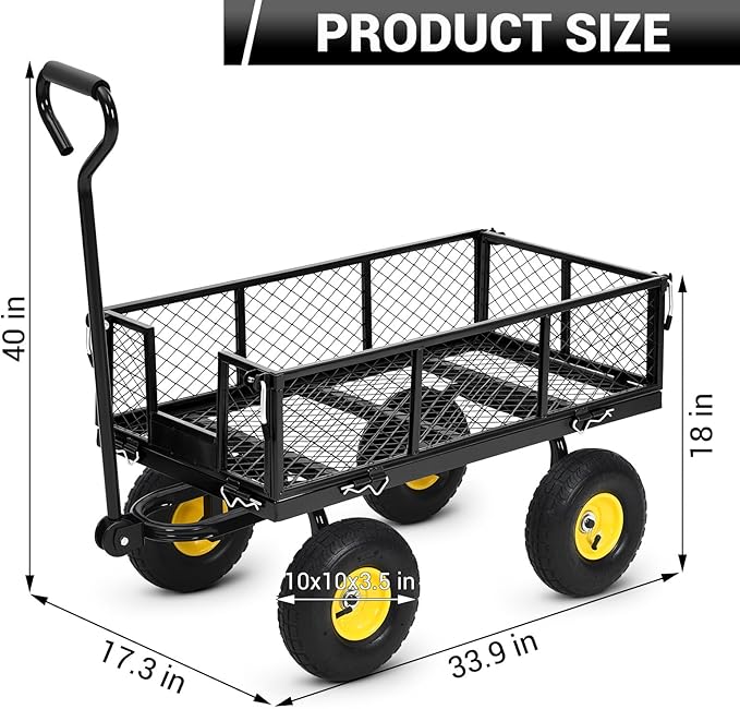 550 Lbs Steel Garden Cart. Heavy Duty Metal Garden Wagon with 10" Wheels, Pullable Metal Garden Wagon w 180° Rotating Handle and Removable Sides for Farm, Yard,