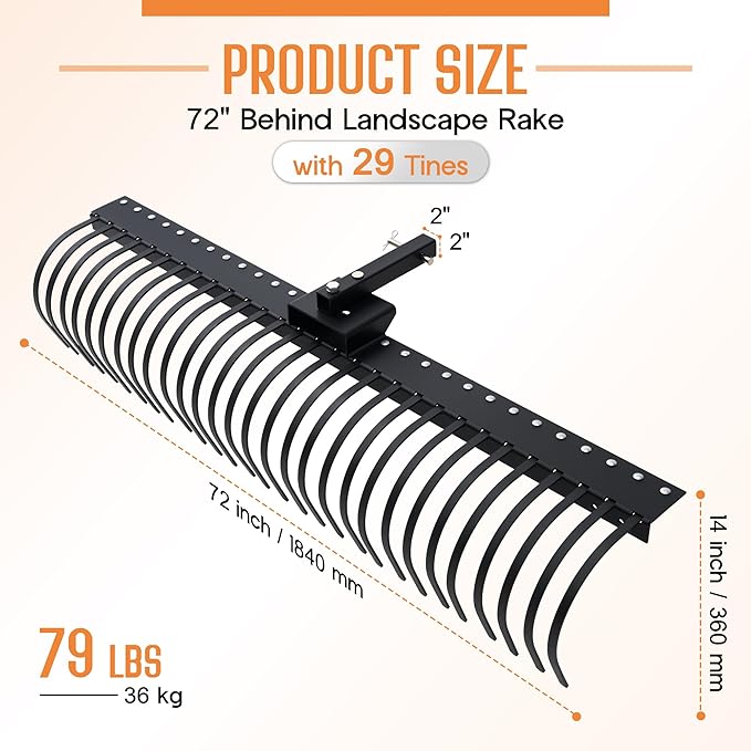 Specraft 72" Behind Landscape Rake for Tractor, Tow Dethatcher Rake with 29 Steel Coil Tines and 2" Receiver, Fit for 3-Point Suspension Systems