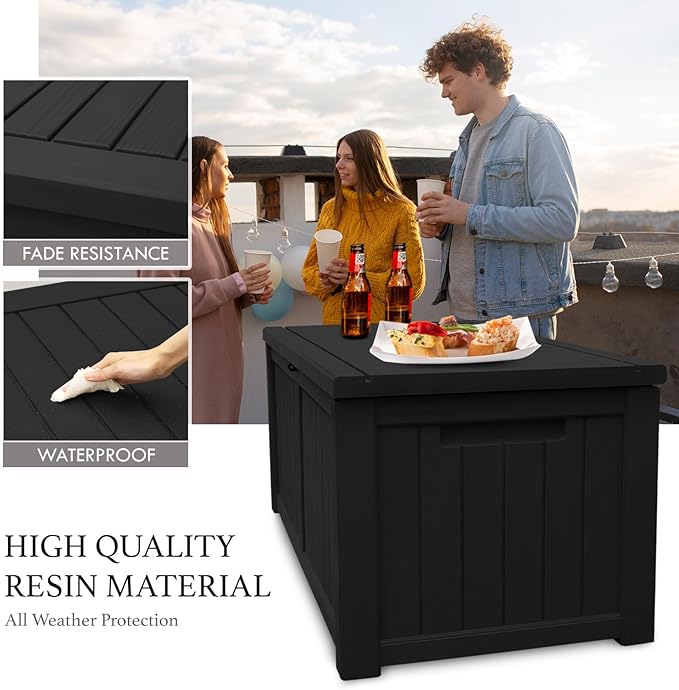 AJP Distributors 120 Gallon Outdoor Storage Box, Rain Waterproof Resin Deck Box, Lockable Large Storage Container for Patio Furniture, Cushions, Garden Tools, Sports Equipment and Pool Supplies Black