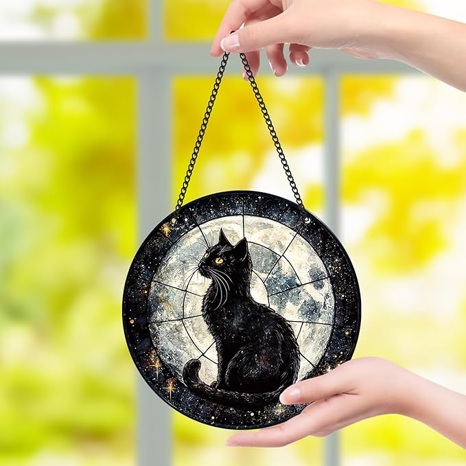 Black Cat Sun Catcher - Black Cat Full Moon Acrylic Suncatcher Rainbow Maker Stained Acrylic Window Hanging Ornament Indoor Outdoor Decoration Home Garden Decor Chain Pendant Memorial Gifts