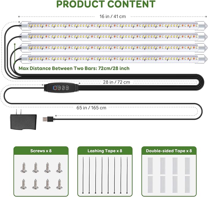 4 Bars 16" Grow Lights for Indoor Plants, 240 LEDs Full Spectrum Plant Grow Light Strips with Auto ON/Off Timer 3/9/12Hrs, 10 Brightness, 3 Switch Modes Sunlike Growing Lamps for Hydroponics Succulent