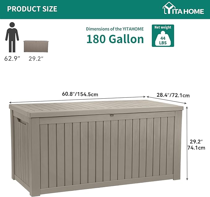 YITAHOME 180 Gallon XL Outdoor Storage Deck Box with Divider, Waterproof & Lockable, Ideal for Patio Furniture and Garden Tools, Resin-Built, Wood-Like Texture, Brown