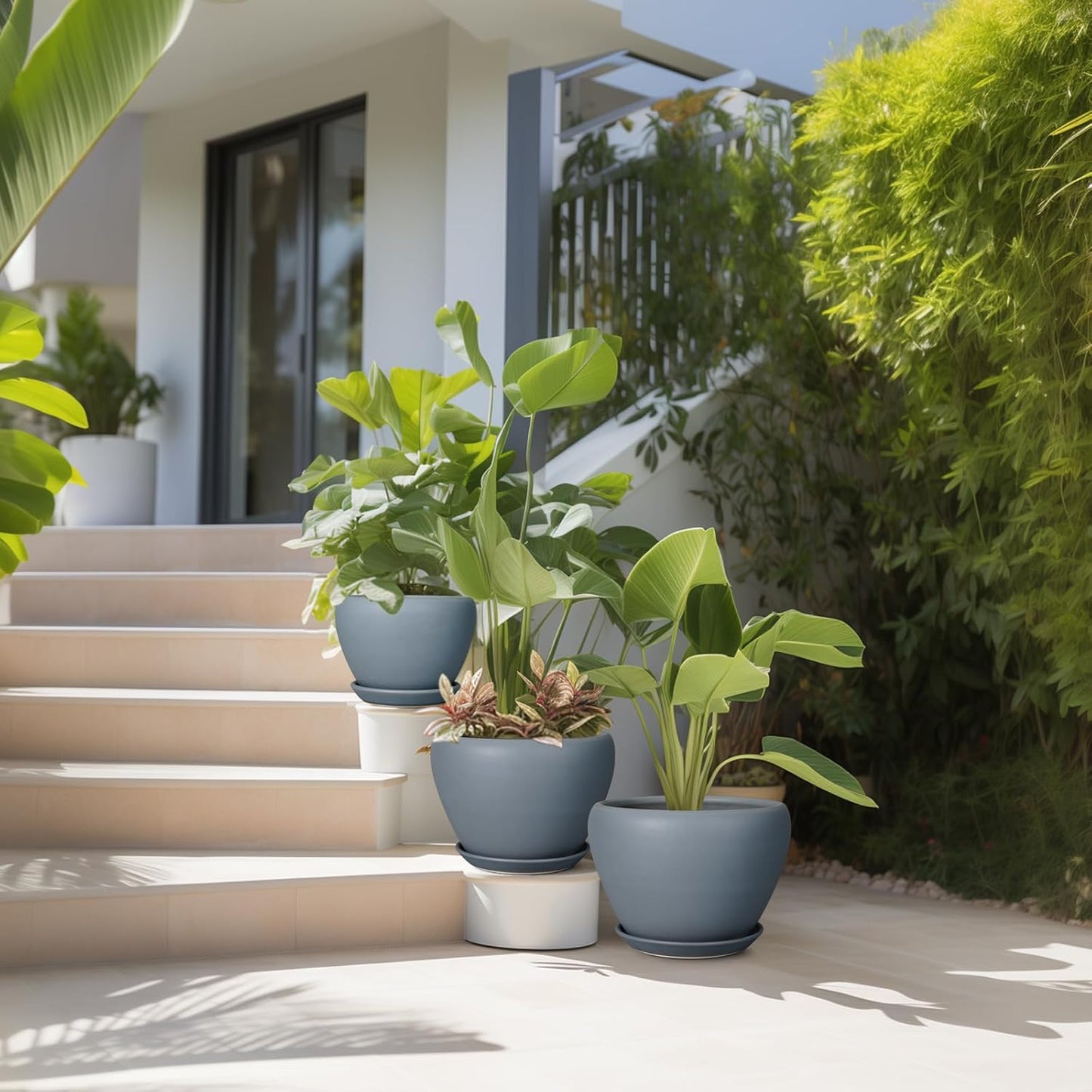 Ceramic Plant Pots - Large Planters for Indoor Plants 10 Inch 8 Inch 6 Inch Plant Pots with Drainage Holes and Saucer Fluted Round Flower Pots Outdoor Set of 3 Gray