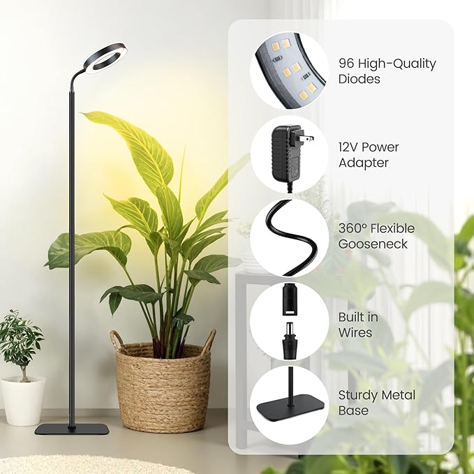 Grow Lights for Indoor Plants,Floor Lamp with 63IN Stand,Full Spectrum,10 Dimming,Halo Ring Warm Light, 3/9/12H Timer,Height Adjustable,Metal Stable Base Growing Light for Tall Small Plant