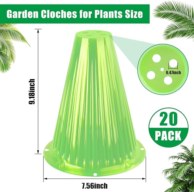 20 Pack Garden Cloches for Plants, Reusable Bell Plant Cover, Plant Covers Protectors from Animals Snails Birds Chickens Insect, 9.18" H X 7.56" D (Green)