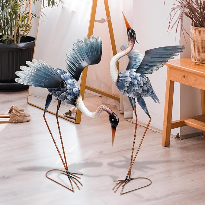 WONDER GARDEN Blue Heron Statue-Garden Statues for Outside - 2 Pack Crane Sculptures Statue, Metal Birds Yard Art for Pond, Patio, Outdoor, Porch Decor