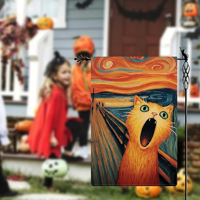 Screaming Orange Cat Garden Flag The Scream Halloween Garden Flag Vertical Double Sided Rustic Farmland Burlap Yard Lawn Outdoor Decor 12.5x18"