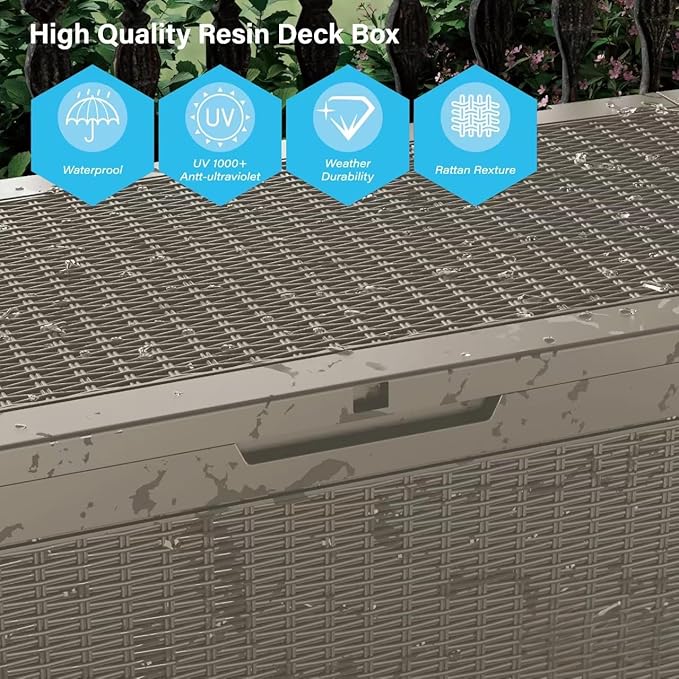 100 Gallon Deck Box, Resin Outdoor Indoor Waterproof Storage Box, Lockable Storage Box With Handle for Patio Furniture - Garden Tools - Swimming Pool Tools UV-Resistant, Brown